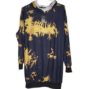 Auxo Collection Mens Large Navy Gold Abstract Splash Print Longline Hoodie NWT